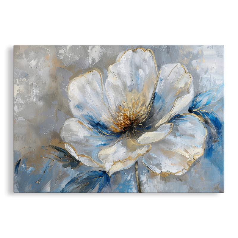 Tablou Canvas, Floral, Aspect de Pictura, Alb, Albastru si Auriu